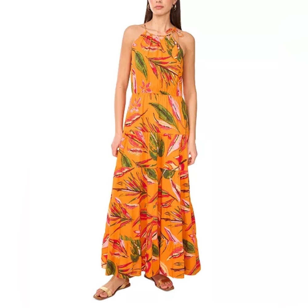 Vince Camuto Sz. Large NWT Tiered High-Neck Leaf-Print Maxi Dress Tropical Flowy